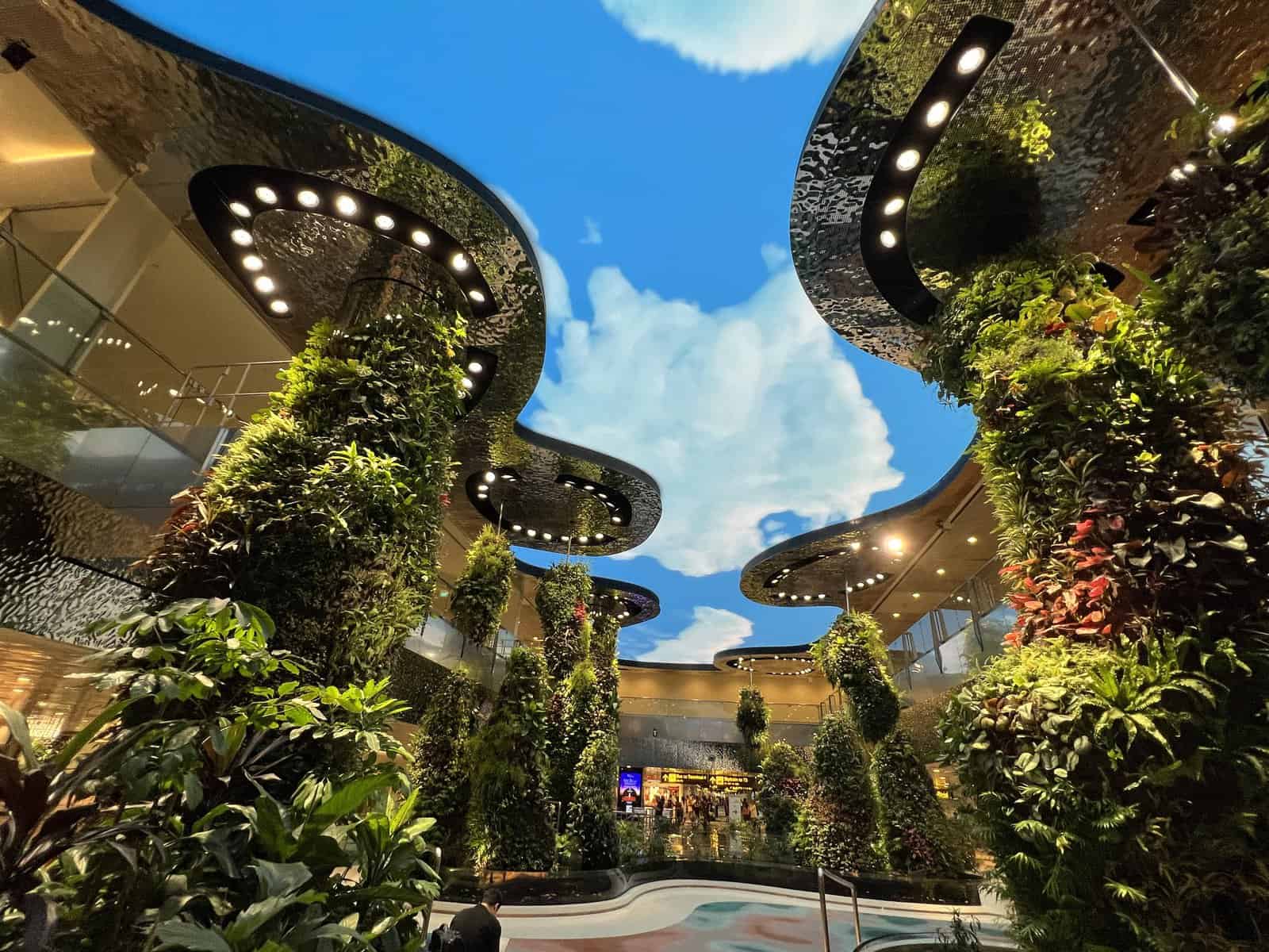 Looking up at the LED screen at the immersive experience Dreamscape at Changi Airport in Singapore