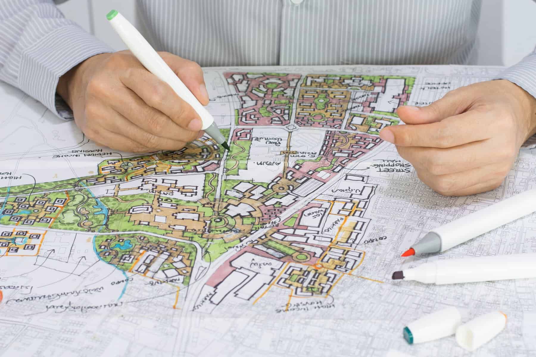 person using markers to mark up a master plan for a theme park and attractions