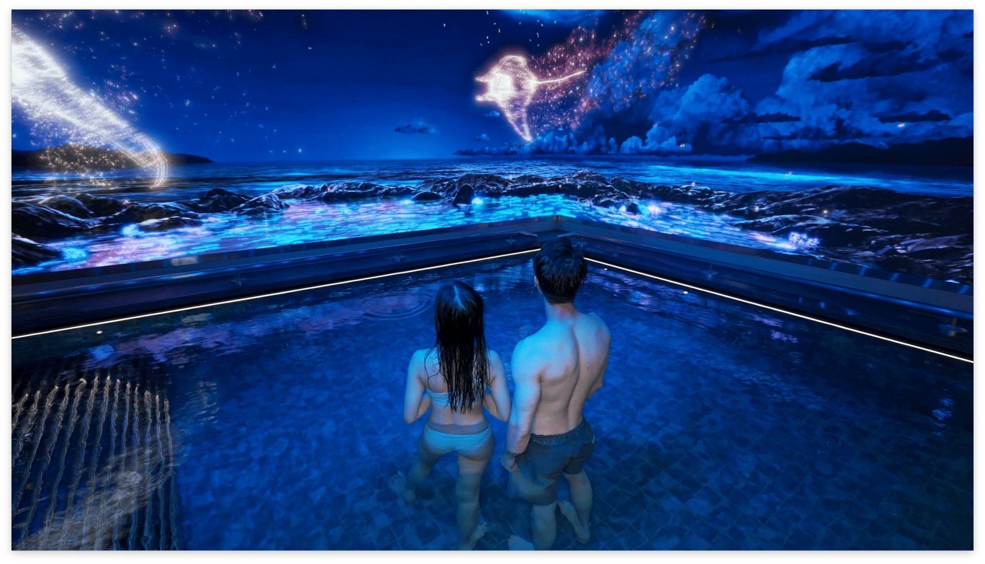 Guests looking at Manta on an LED screen at an immersive experience in APAC