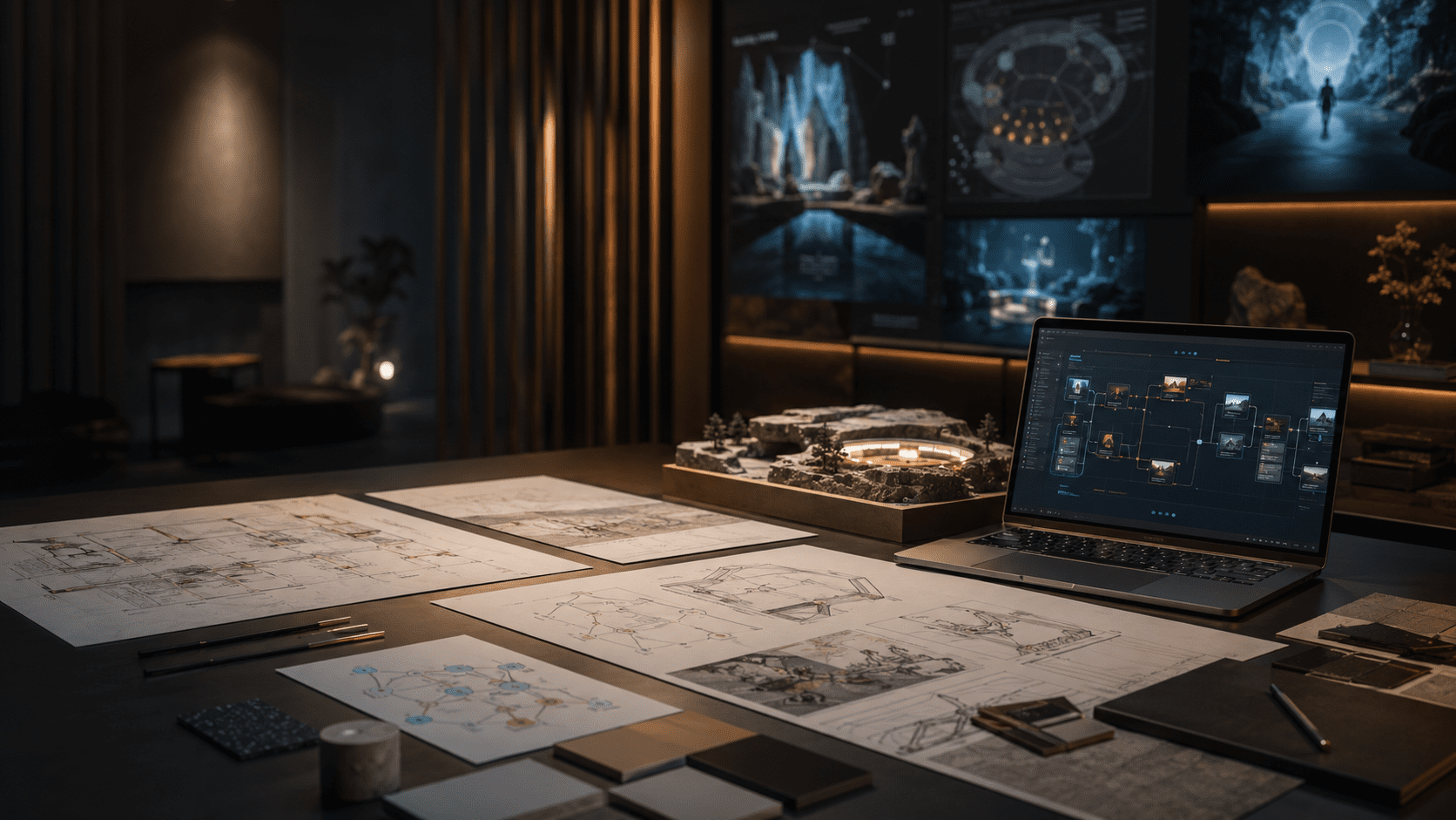 Experience-Reality-Check-hero Early-stage immersive experience planning table with drawings, system diagrams, laptop and scenic model